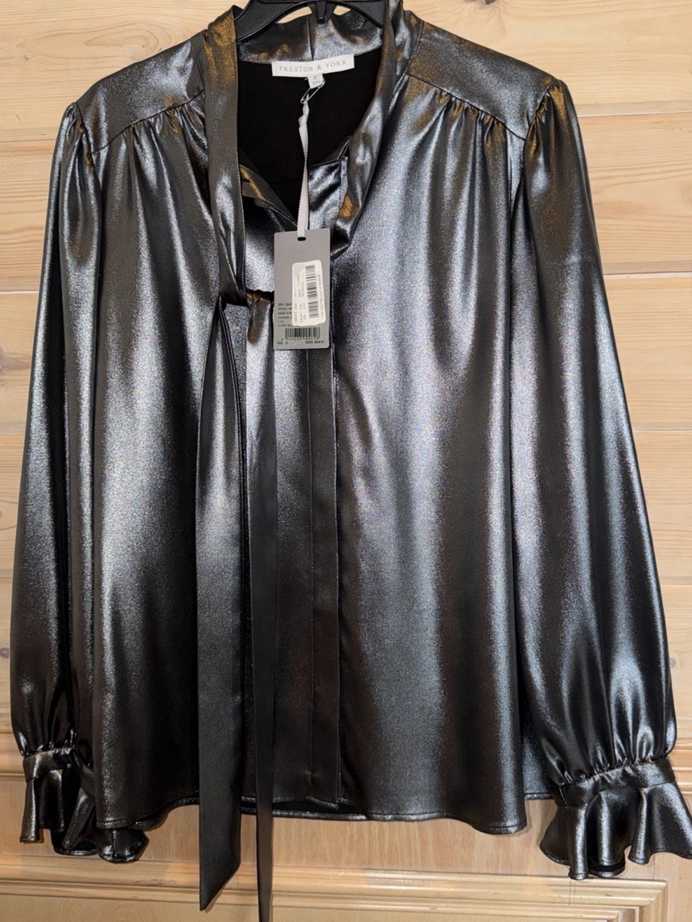 Preston & York Metallic Black Tie-Neck Blouse
